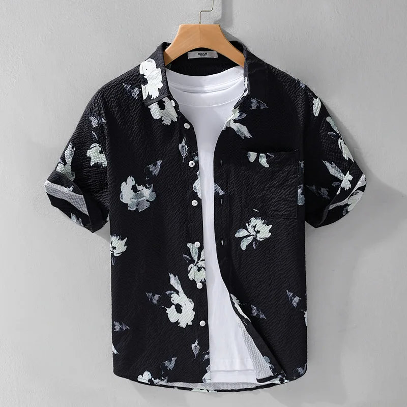 Hawaiian Shirt Men Summer New Short Sleeve Printed Shirts Causal Lapel Collar Texture Bubble Shirt with Pocket Trendy Men's Tops