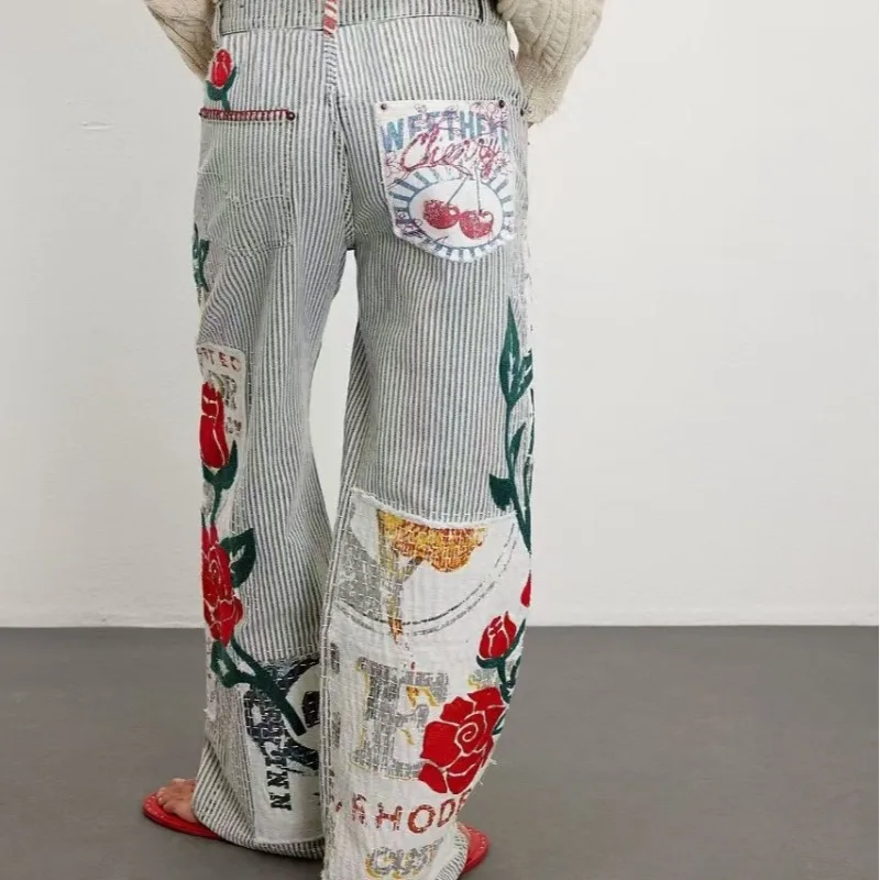 Pantalones rectos sueltos Y2K, ropa de calle Otoño Invierno para mujer, pantalones acampanados con estampado 3D a rayas, pantalones informales coreanos Harajuku de cintura alta