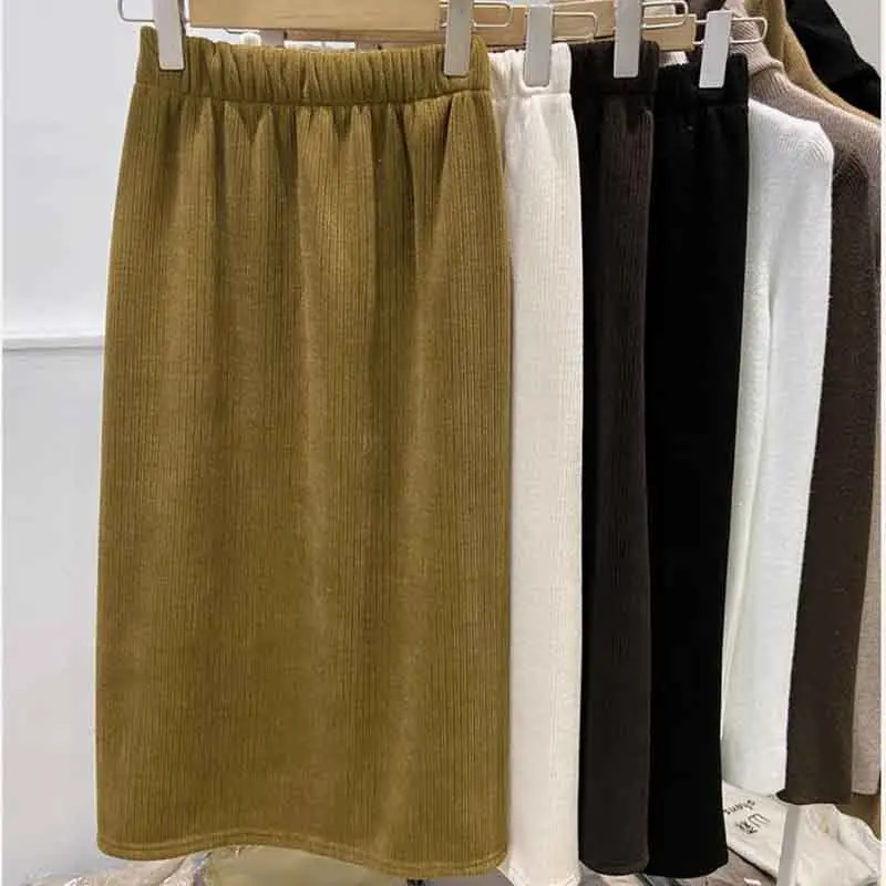 

Zoki Thick Warm Corduroy A Line Skirt Women Autumn Fashion Elegant Solid Midi Skirts High Waist Korean All Match Slit Skirts