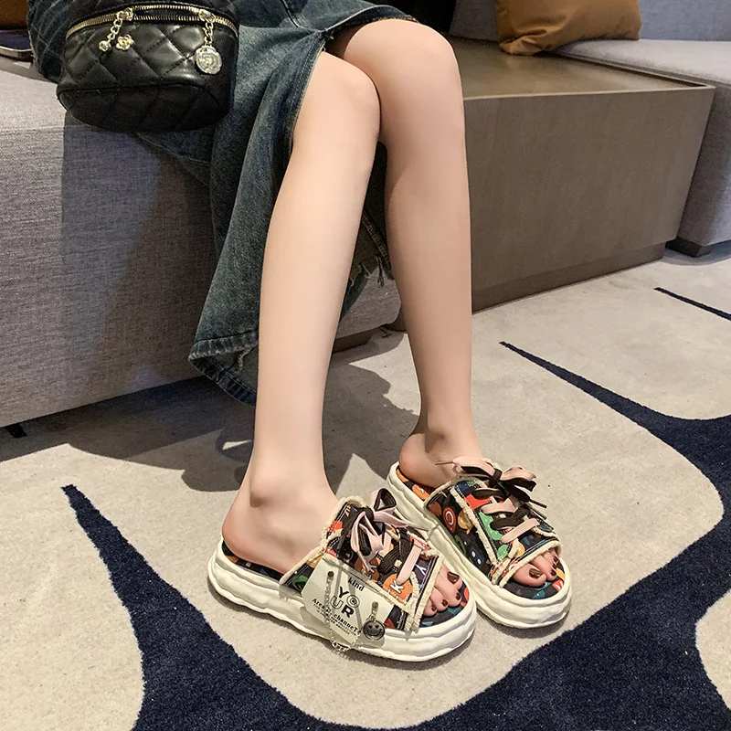 Women Fashion Platform Slippers Summer Cute Cartoon Graffiti Canvas Sandals Outdoor Comfortable Light Casual Flats Plus Size 42