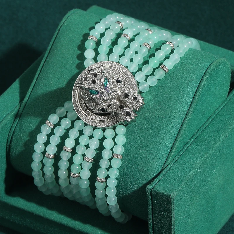 

Vintage Green Jade Bracelet Layered Beads Silver Plated Leopard Head Transparent Wide Zircon Rhinestone Luxury Brands Woman New