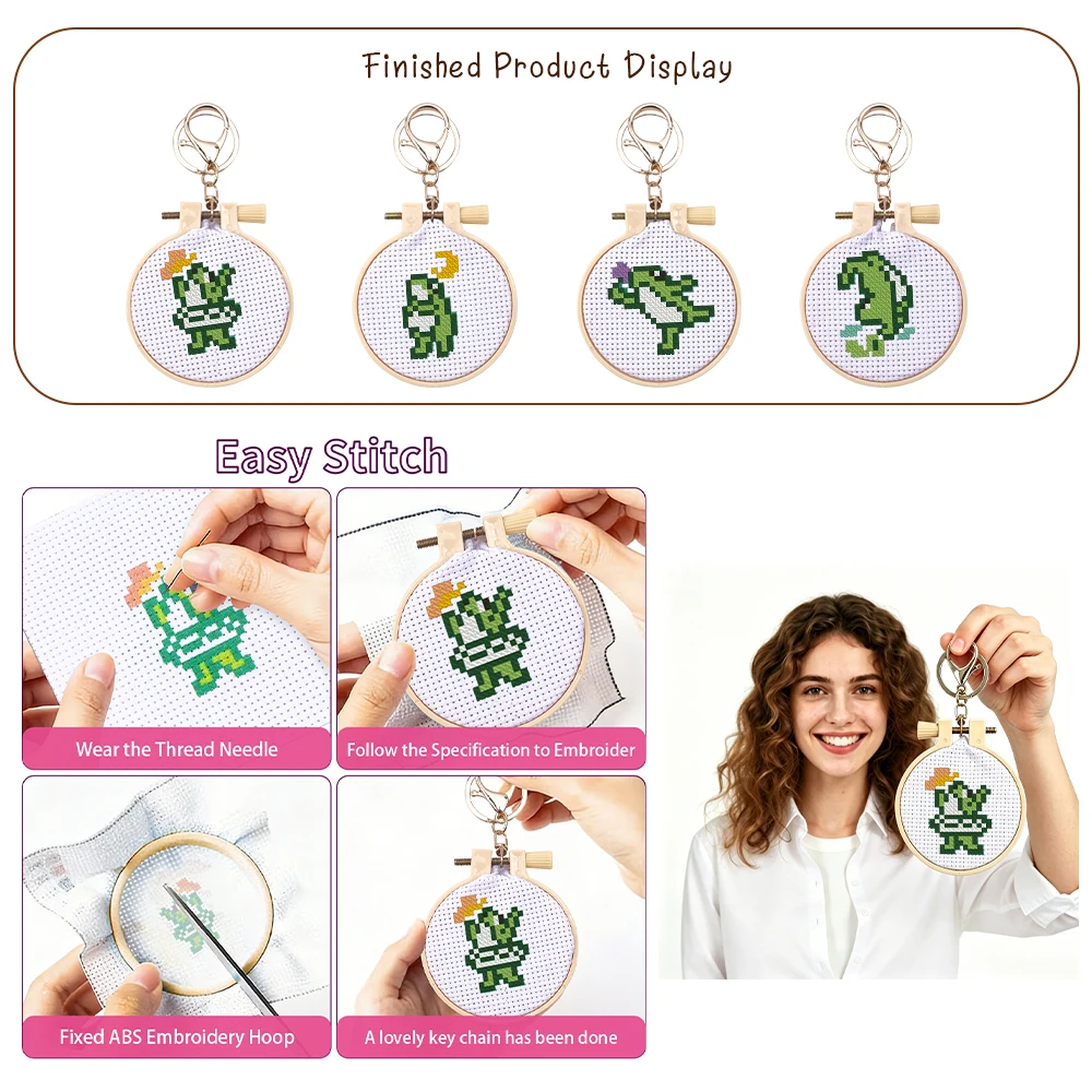4pcs Embroidery Starter Kit DIY Cross Stitch Frog Pattern Craft Material Portable Needles Remover Threading Tool With Hoop Kids view 6