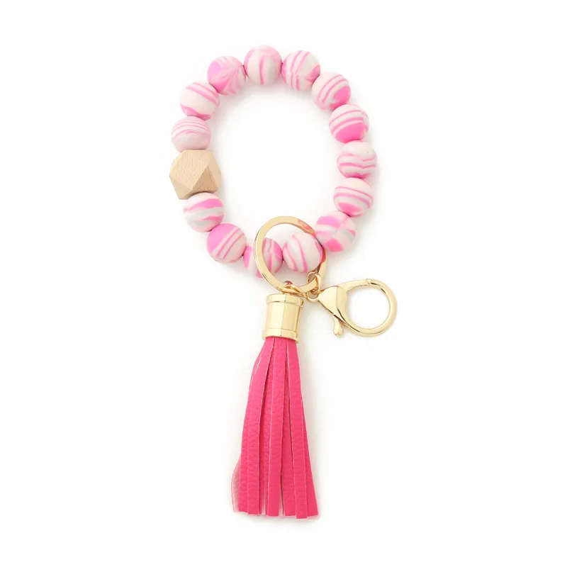 Cartoon Creative Colorful Silicone Beaded Keychain PU leather Tassel Keyring Women Men Bracelet Keychain Jewelry Gifts