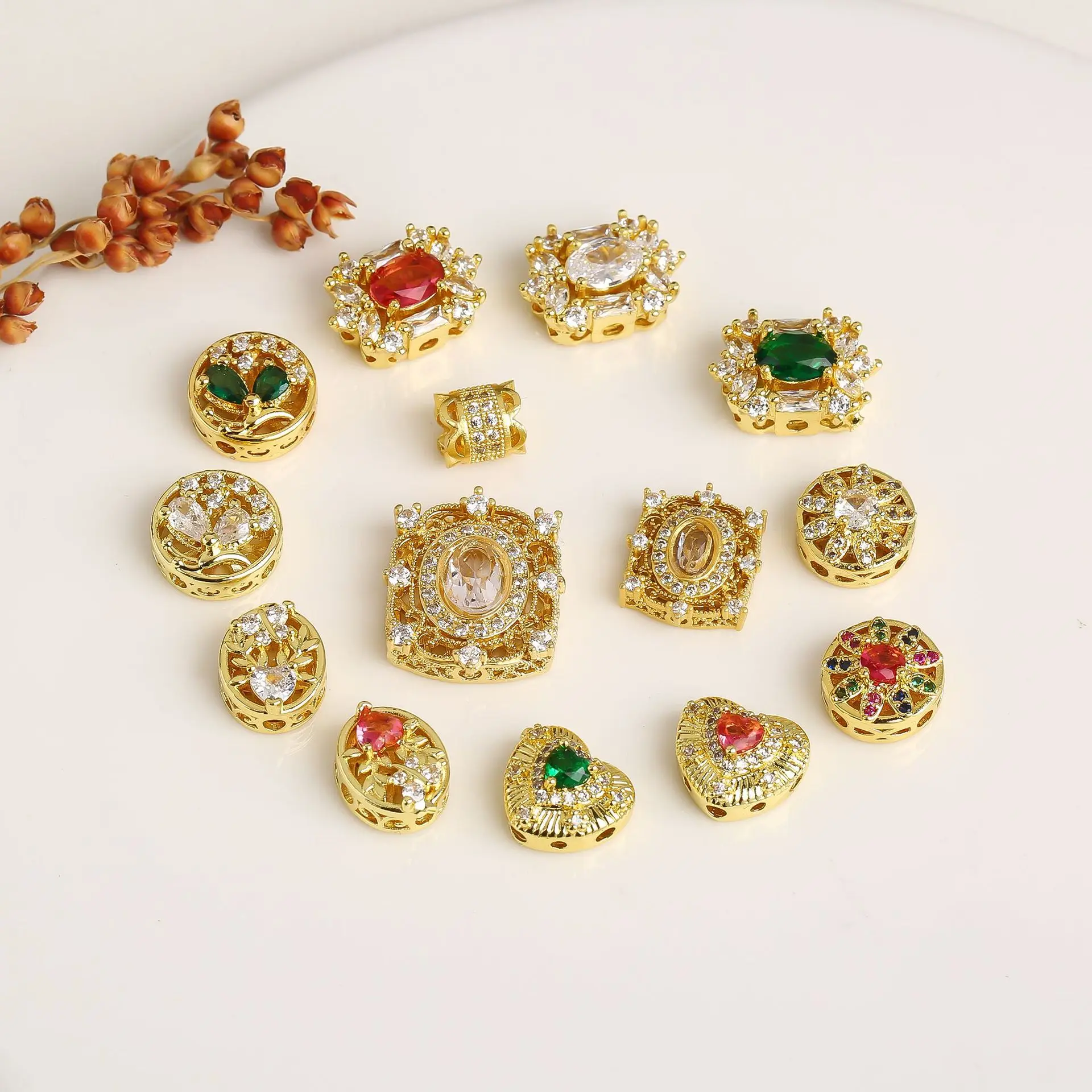 7pcs Copper Gold-plated Hollow Multi-pass Ring Inlaid Zirconia Spacer Beads Diy Bracelet Necklace Jewelry Accessories Wholesale