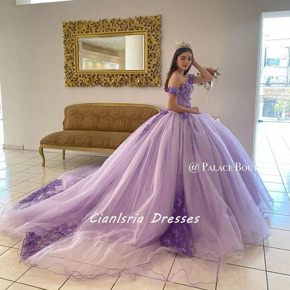 Vestido De quinceañera con flores y perlas lilas 3D, corsé con cuentas, vestido De baile con hombros descubiertos, apliques dulces 16, 15 Años