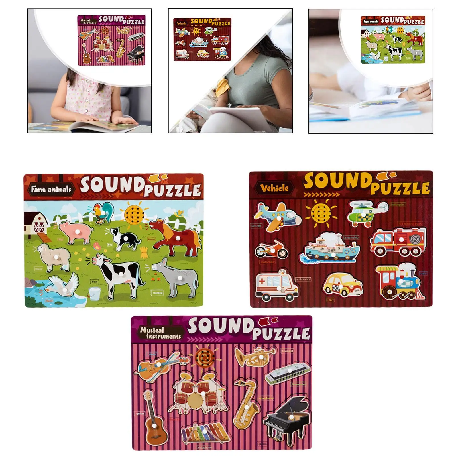 لعبة تعليم الصوت الخشبية الممتعة للتعليم المبكر لعبة أحجية الصور المقطوعة للأطفال الصغار 2 3