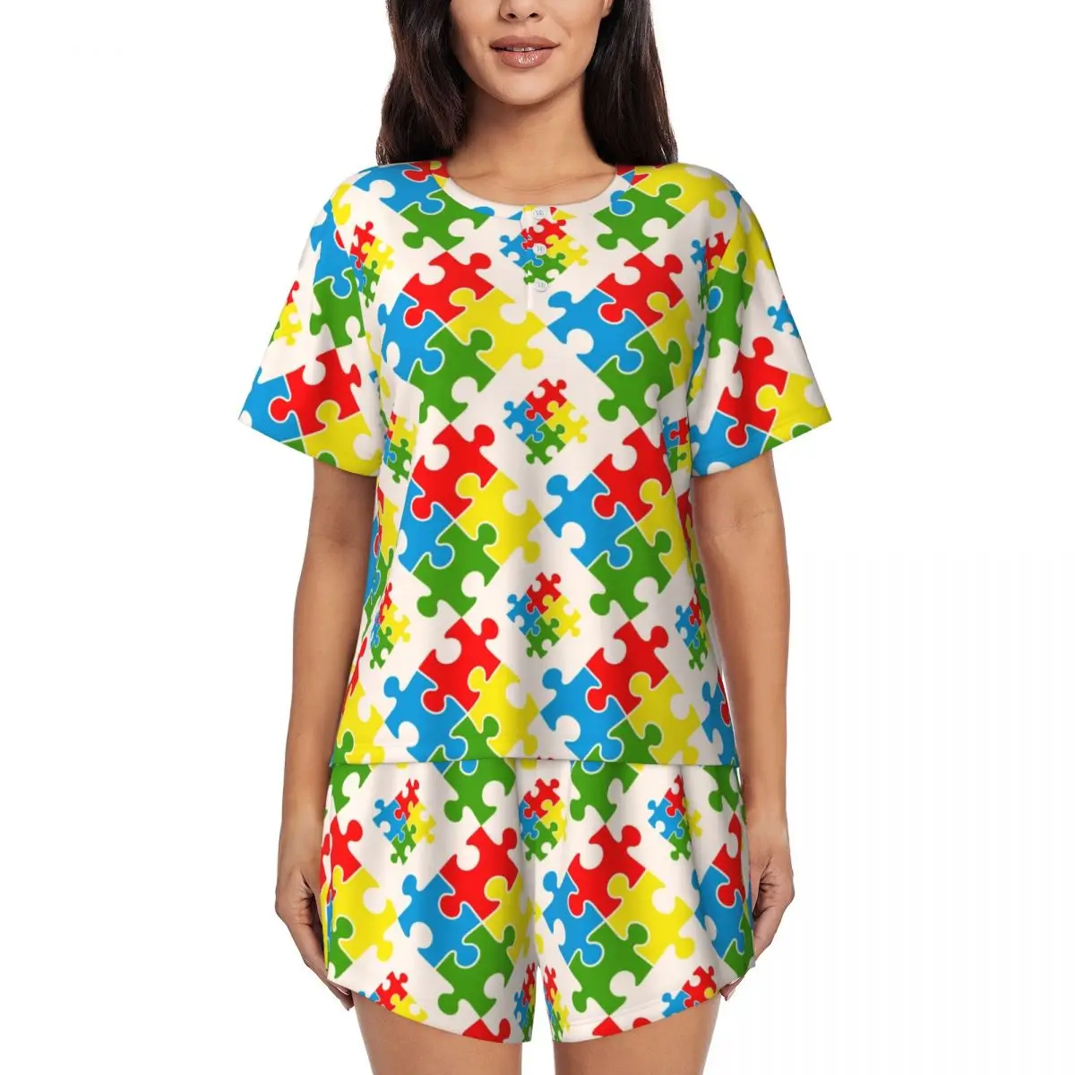 Colorful Puzzle Autism Awareness Pattern Pajamas Set for Women Short Sleeve Sleepwear Loungewear 2 Piece Pjs