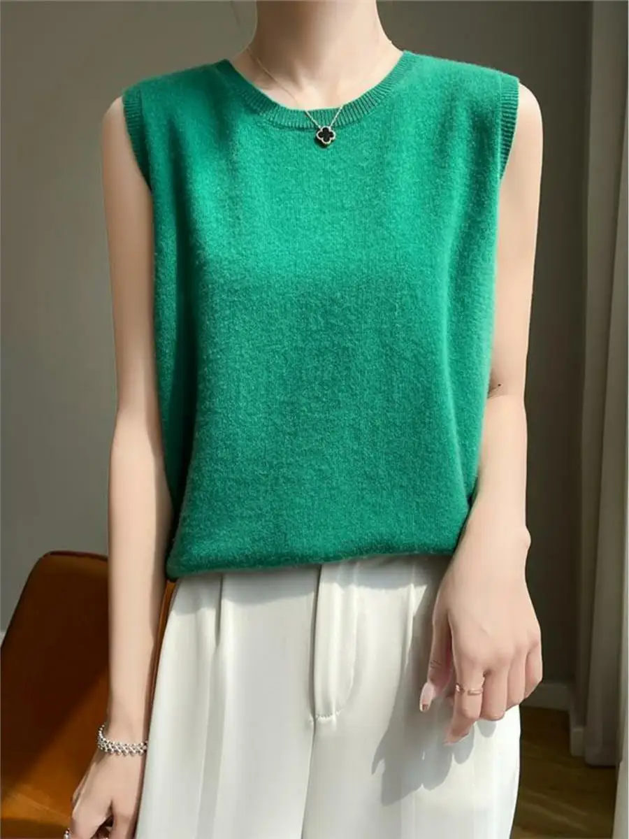 Ceco de punto sin mangas e para mujer, jersey de cuello redondo, traje, ropa interior, csa básica, prendas de ve...