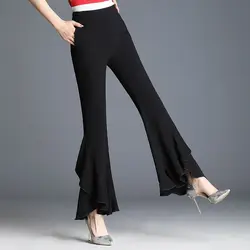 Summer Thin Woman Chiffon Trousers Office Lady Fashion Pocket High Waist Elastic Splicing Loose Black Female Flare Pants 2022