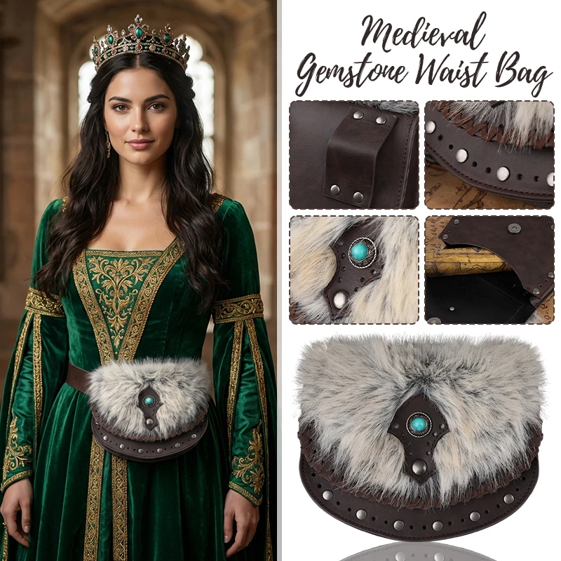 

Medieval Waist Bag for Men Women PU Leather with Faux Fur Trim Adjustable Cosplay Pouch for LARP Renaissance Faire Costume Party