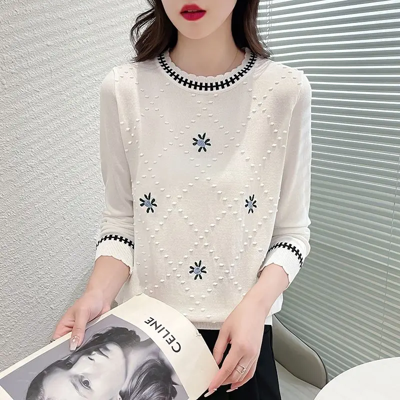 Autumn Winter Women's Pullover Sweater Round Neck Long Sleeve Screw Thread Crochet Floral Embroidery Knitted Casual Chic Tops