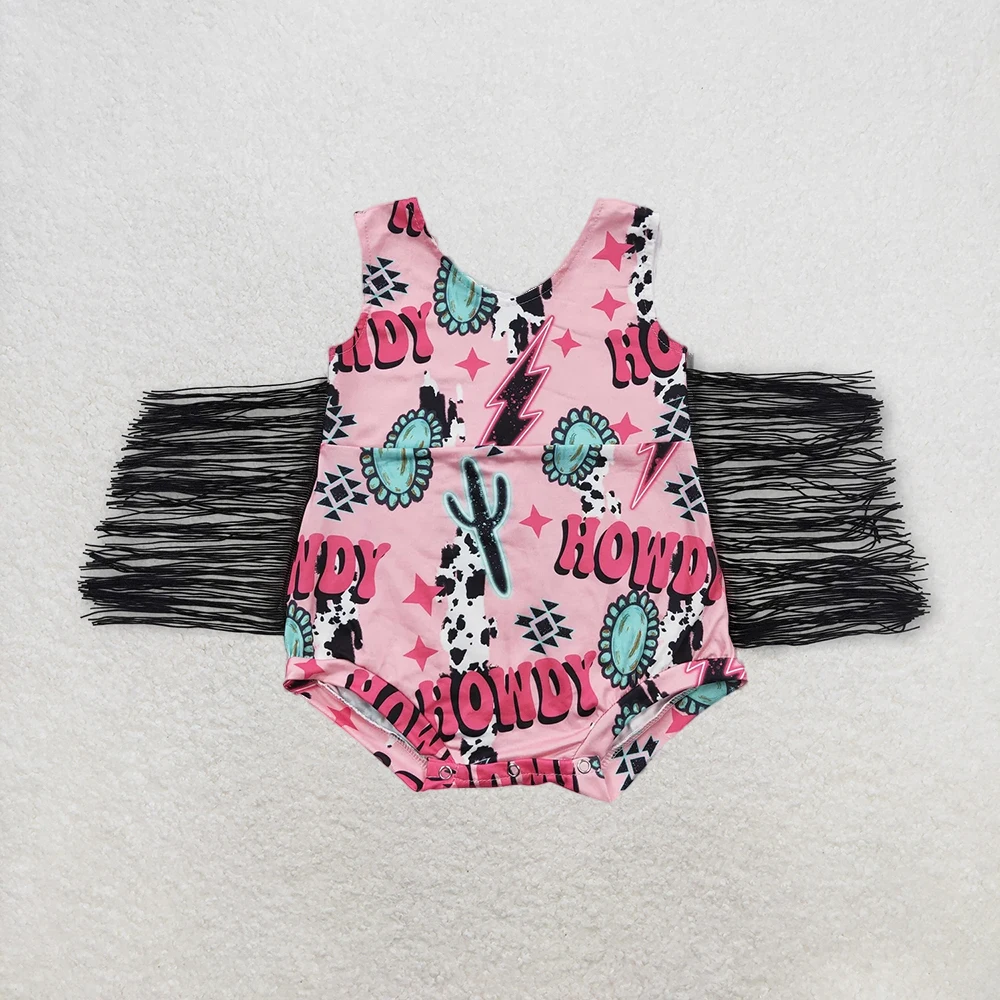 

Baby Girls Pink Howdy Cactus Fringe Western Tassel Romper Cute Baby Outfit for Girls