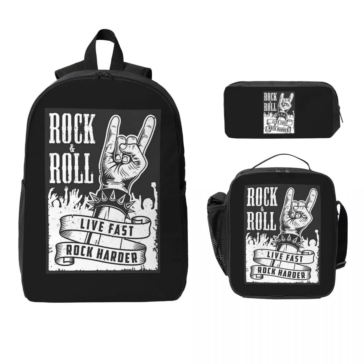 

Рюкзак Rock Star Skull Rock N Roll для мальчиков и девочек, школьная сумка, компьютерные сумки на плечо, 3 шт., изолированная сумка для обеда, пенал