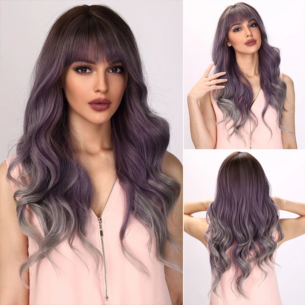 

Smilco Omber Purple Grey Brown Curly Synthetic Wigs For Women Natural Wavy Bob Wig With Bangs Hair Daily Party Heat Resistant