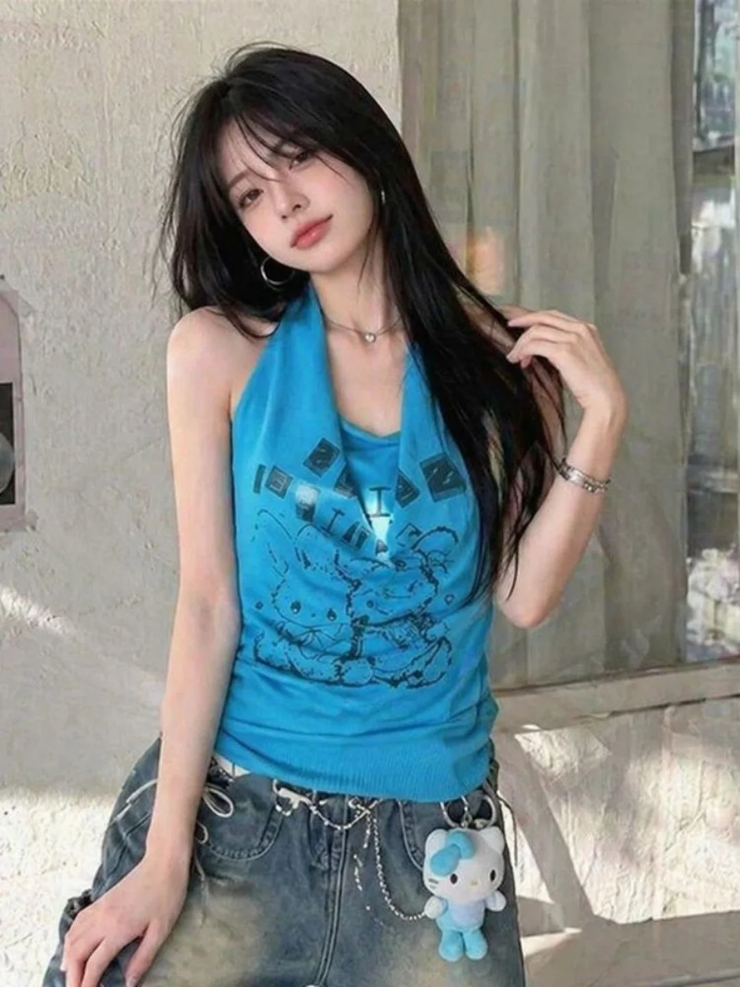 Dopamine Blue Cartoon Print Vest Sleeveless Women's Summer Sexy Slim Fit Hanging Neck Inner Wear Polyester Fiber Short Style
