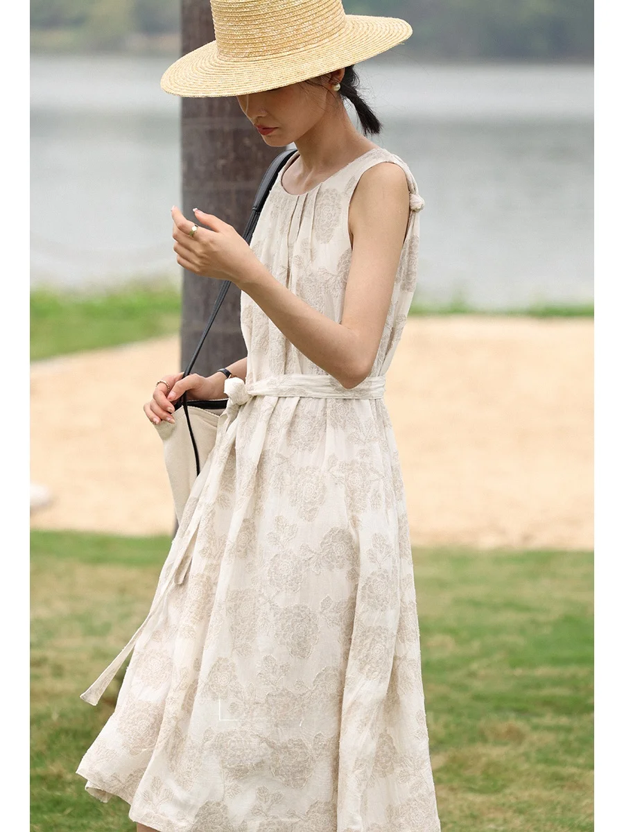 

Повседневное летнее платье А-силуэта средней длины с цветочным принтом, на бретельках, без рукавов, с естественной линией талии, из смесового хлопка и льна, для женщин