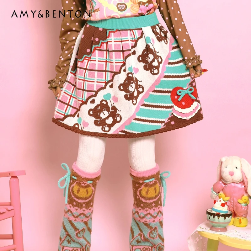 

Retro Design Diagonal Striped Animal Print Plaid Splicing Women's Skirt Autumn New Versatile Cute Knitted A-line Skirts Ladies