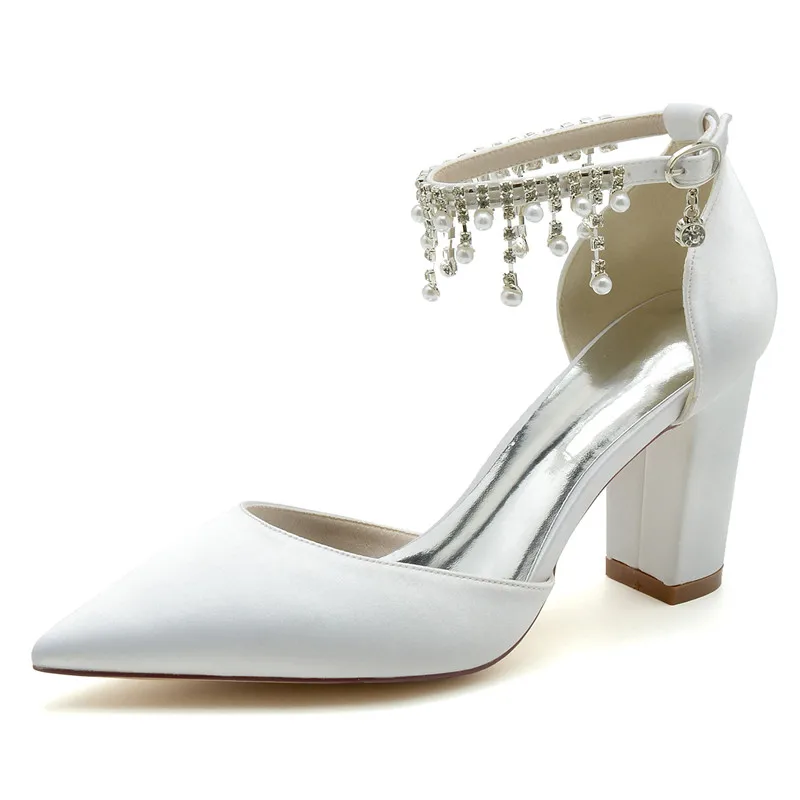 

Block Heel Wedding Shoes for Bride Pointed Toe Pearl Bridal Heels Ankle Buckle Strap Prom Formal Evening Party Pumps