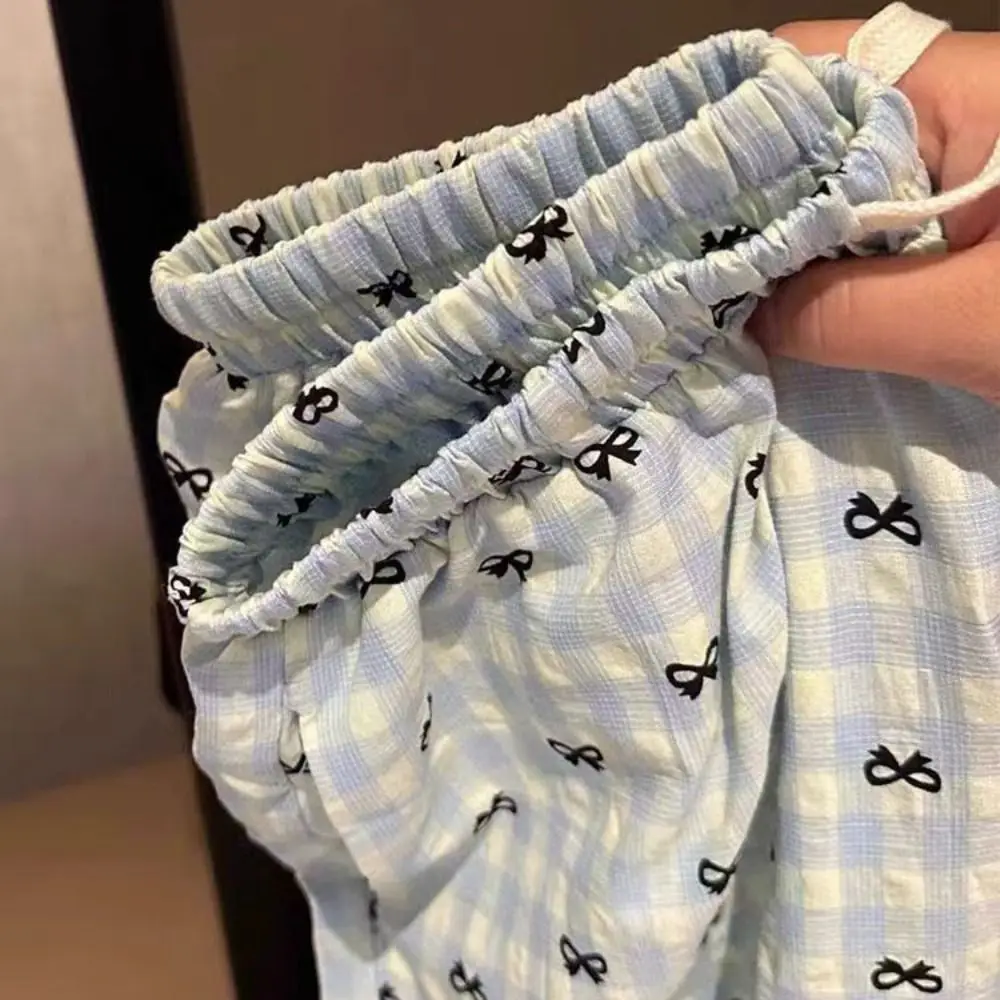 신축성 있는 허리 스트라이프 체크무늬 리본 잠옷 바지 달콤한 리본 격자무늬 긴 바지 실내외 홈웨어 캐주얼 바지