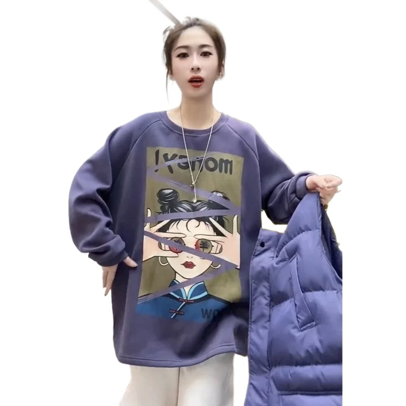 

Большой размер, 145 кг, европейская осенне-зимняя мода, ретро мультяшная кукла с принтом, флисовый утолщенный свободный свитер с длинными рукавами для женщин