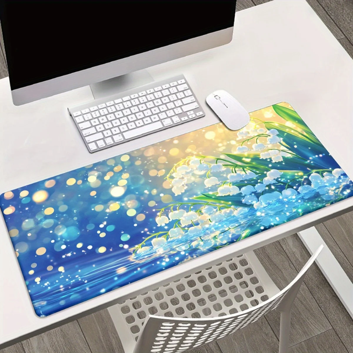 

1pc Glowing Flower Night Scene XXL Mouse Pad - HD Printed Rubber Desk Mat with Vibrant Blue & Yellow Floral Design, Smooth Surfa