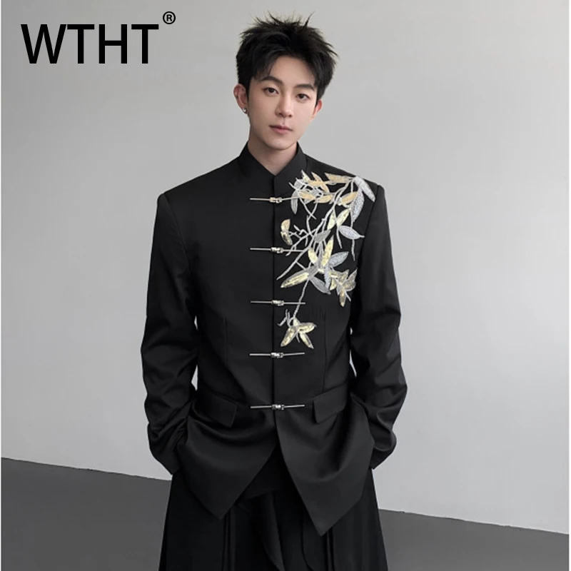 

WTHT Trendy Men's Contrast Color Bamboo Leaves Print Design Blazer Coats Fashion 2025 Autumn Long Sleeves Jakcets Male 2A1482
