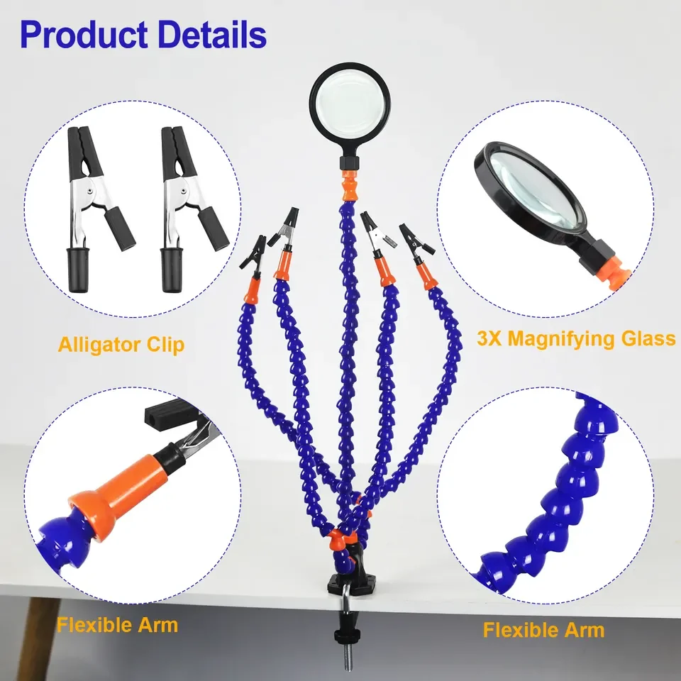 Third Hand Helping Hands Soldering Station Tool With 3X Magnifier/5 Flexible Arms Welding Repair PCB Holder