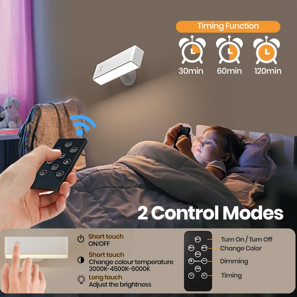 Rechargeable LED Reading Lamp Touch Control Magnetic Wall Light with 360° Rotation Nightlight for Bedroom & Night Feeding