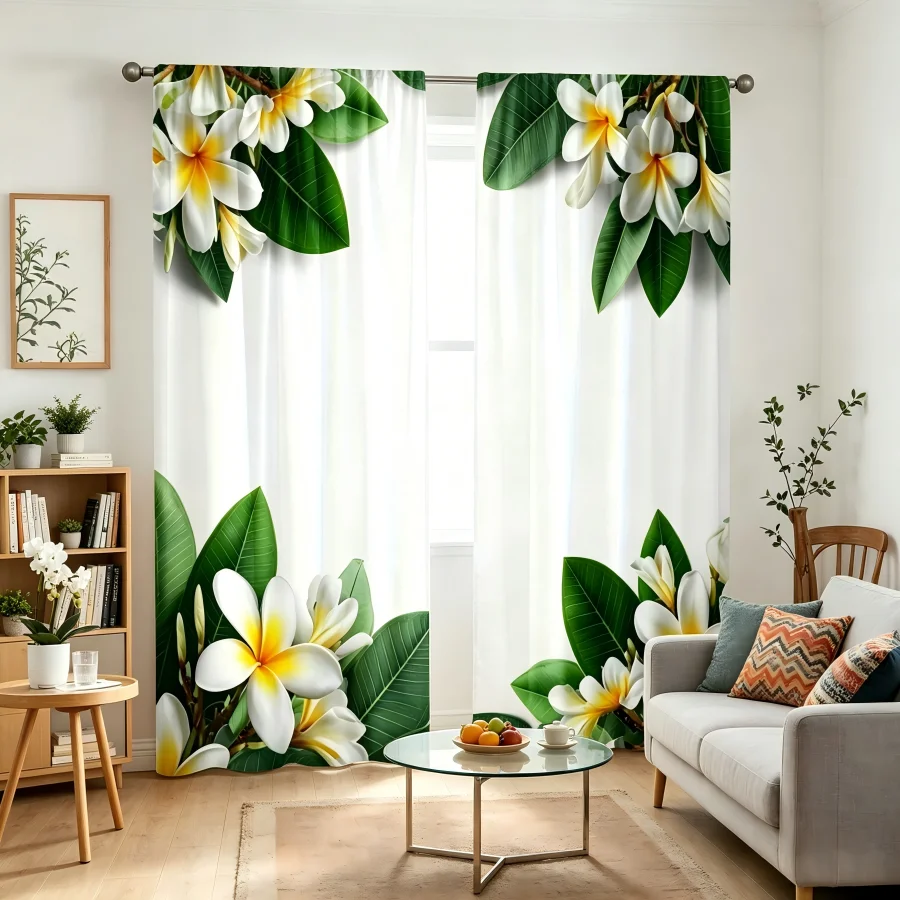 2PCS Digital Print  Curtain, Diagonal Plumeria, Bohemian Style  Curtain Panel for Home Living Room Bedroom Decor
