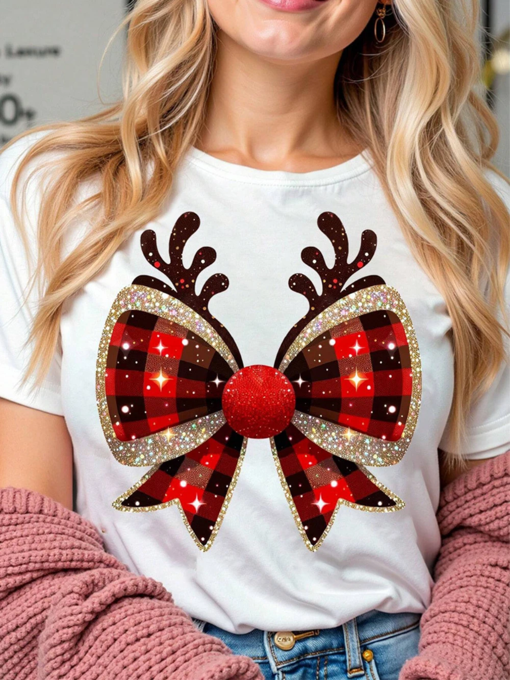 

Halloween Antler Bow Tie Print T-shirt Big-size Casual T-shirt Comfortable and Durable Holiday Activity Accessories Women's Tops