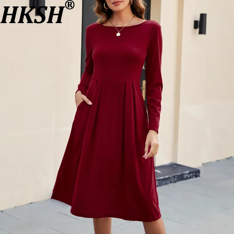 HKSH Frühling Herbst Neue frauen Kleid Oansatz Langen Ärmeln Taille Cinching Einfarbig Plissee A-line Trendy Casual Kleider HK14496