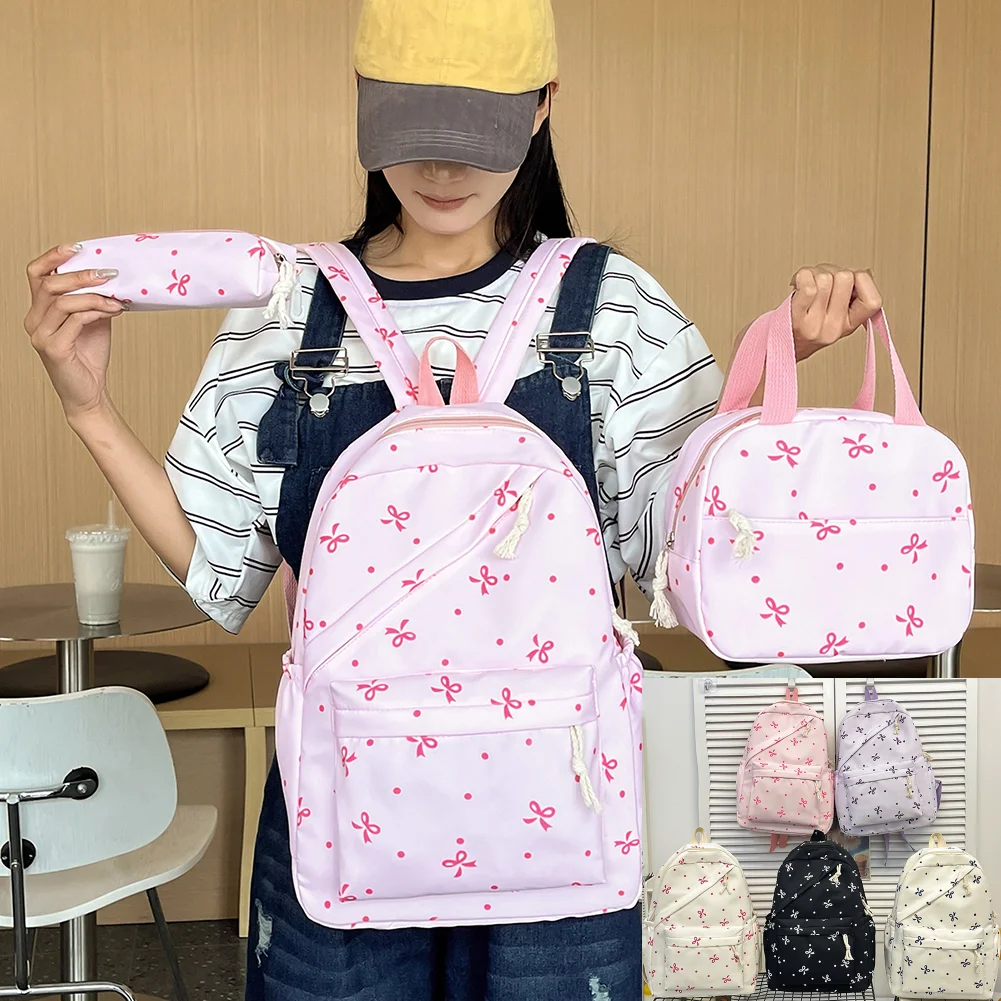 3 Pcs/Set Cute Backpack Large Capacity Bow Print Nylon School Backpacks with Lunch Box and Pencil Case Notebook Schoolbag