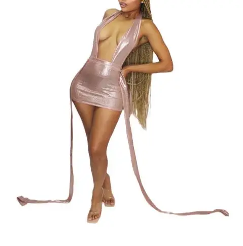 رقبة معلقة متقاطعة للخريف والشتاء، أشرطة منقوشة، ظهر مكشوف، أشرطة عائمة، فستان قصير معانقة الورك، ملابس نسائية