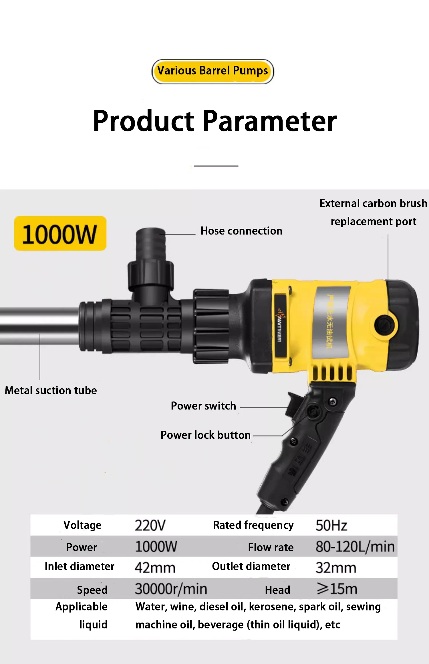 Cavitt CTYB-001 1000W High Pressure Portable  /Electric Oil Pump 32mm Outlet for Oil Transfer & Wastewater Treatment