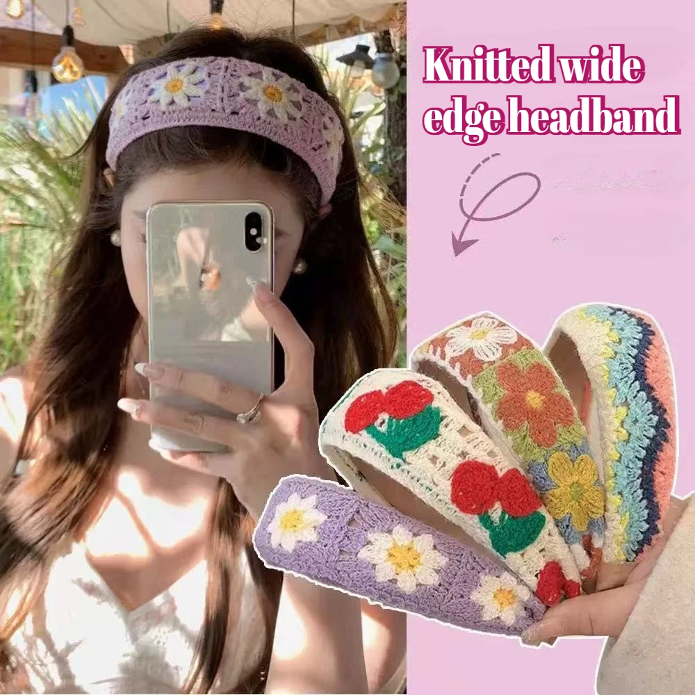 

Muweordy Boho Floral Knitted Headband Crochet Flower Non-slip Hairband for Women Wide Edge Hair Accessores for Beach Party
