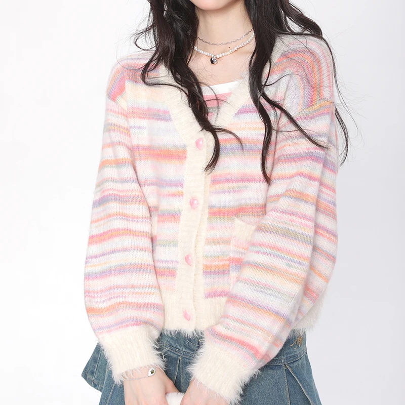 Sweet Lazy Wind Rainbow Cardigan Women Autumn V Neck Striped Knitted Coat Fashion Loose Long Sleeve Elegant Lady Sweaters