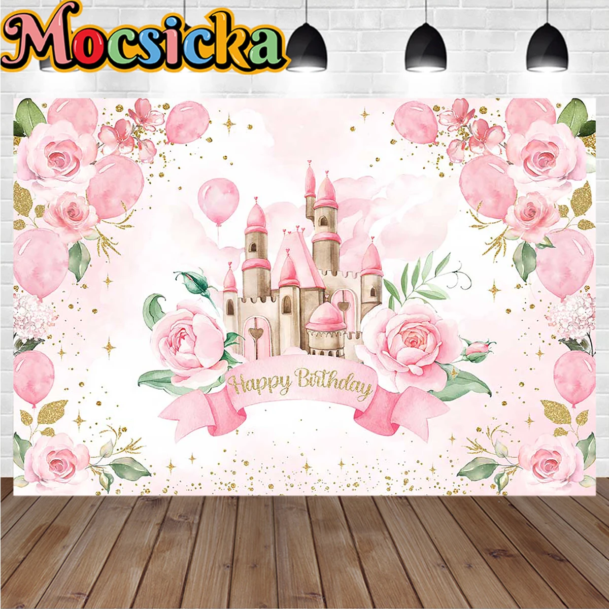 Princess Girl Birthday Castle Background Pink Flower Gold Polka Dot Glitter Backdrop Wallpaper Baby Show Cake Smash Photoshoot