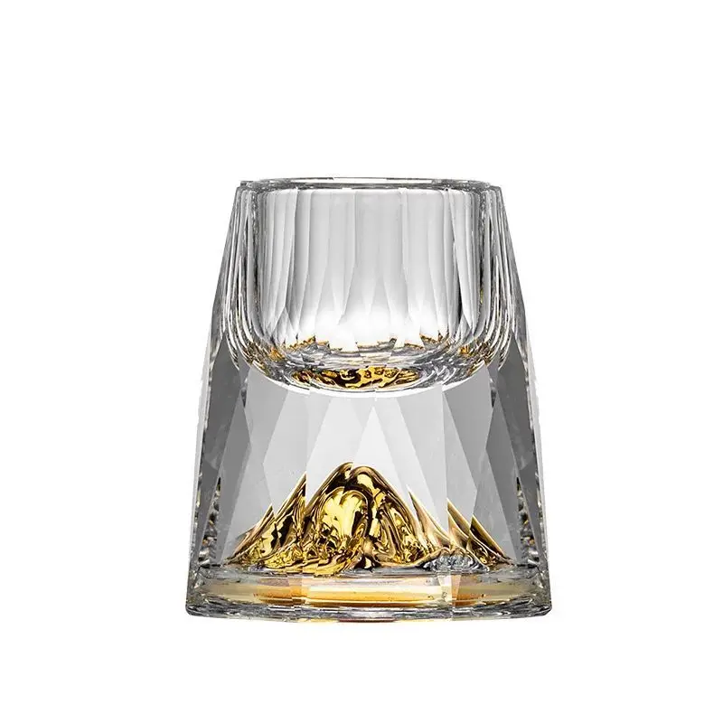Gold Mountain Whiskey Glass Crystal Tumbler Cup with Golden Volcano Base Luxury Bar Drinking Glassware Gift for Men Whisky