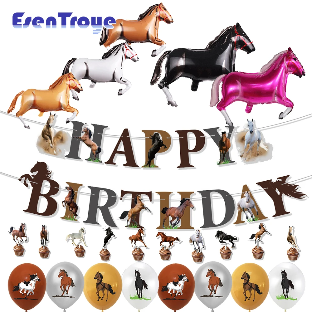 Horse Racing Birthday Party Decoration Large Horse Balloons Happy Sign Banner Cake Toppers for Kids Boy Cowboy Birthday Supplies