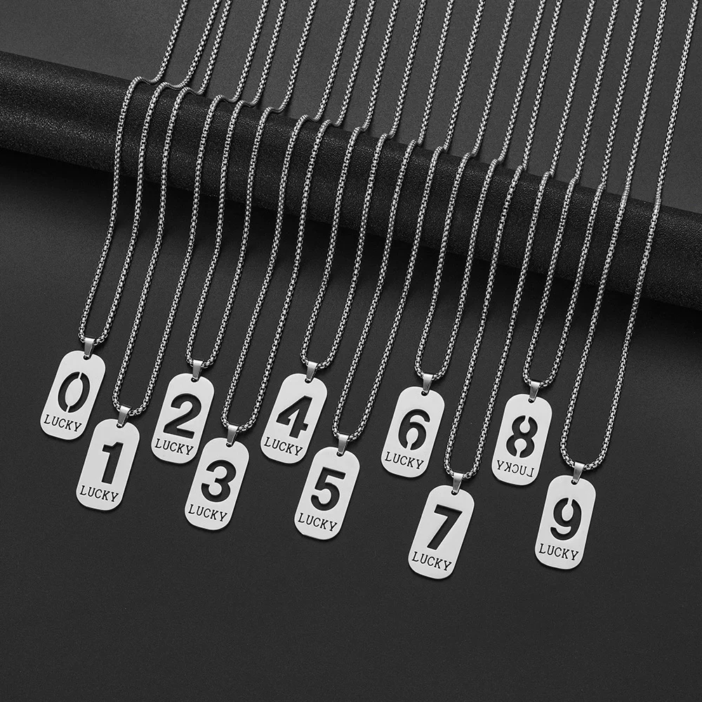 Collar con número de Ángel de acero inoxidable 0 1 2 3 4 5 6 7 8 9 rectángulo para mujeres y hombres collares de cadena de serpiente con número de la suerte joyería Pop