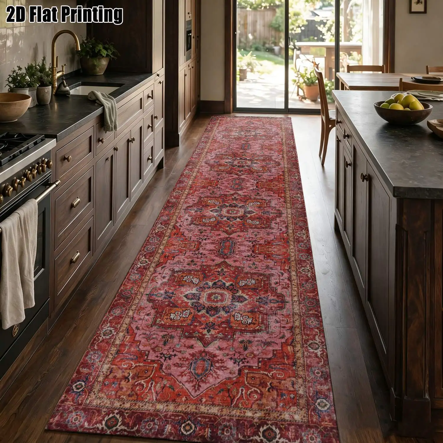 1Pc 2D Printed Retro Red Pink Geometric Long Strip Runner Carpet, European/Bohemian Style, Home Decor, Multi-Size, Machine Washable, for Entrance, Hallway, Living Room, Bedroom