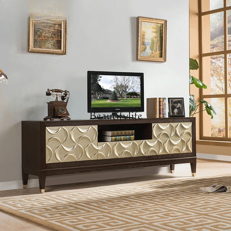 Nordic solid wood bedroom low cabinet small apartment living room neoclassical carved American audio-visual cabinet
