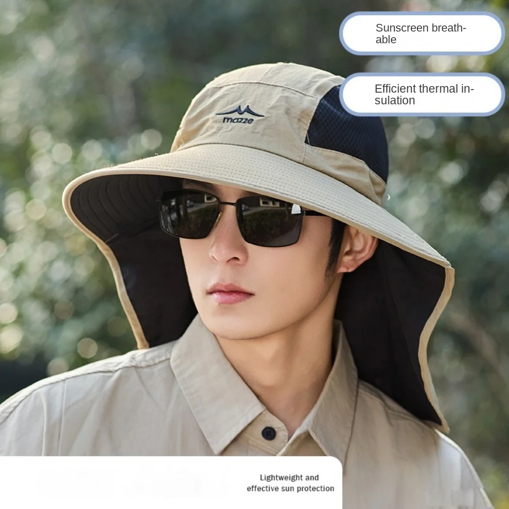 

New Breathable Beach Cap Anti-UV Quick Drying Bucket Hat Peak Embroidery Neck Protection Shawl Fisherman Hat Men Women