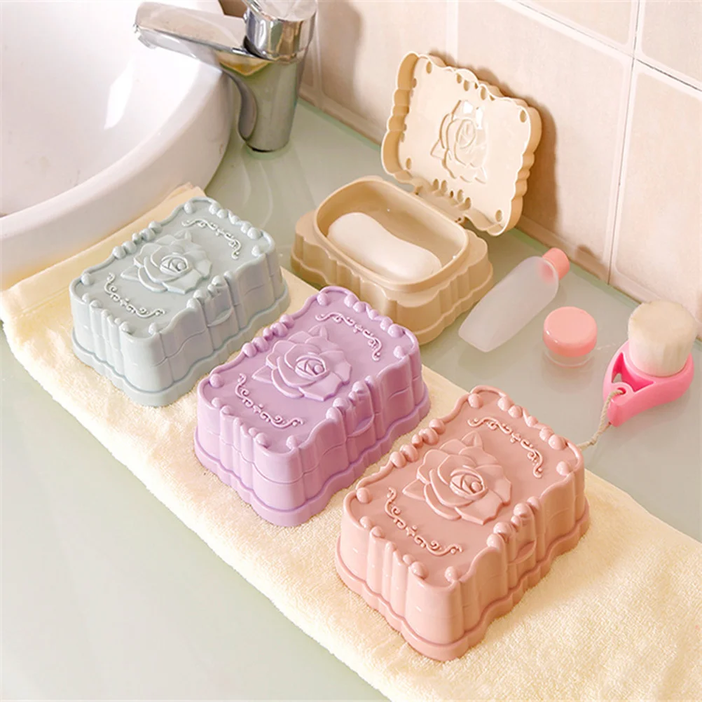 

Waterproof Soap Box With Lid Rose Design Plastic Soap Container For Bathroom Shower Storage Violet Drain Rack Easy To Clean