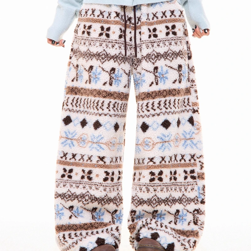 Christmas Lamb Wool Wide-Leg Women's Trousers 2025 Winter New Versatile Loose Y2k Thickened Warm Straight-Leg Sweatpants Ladies