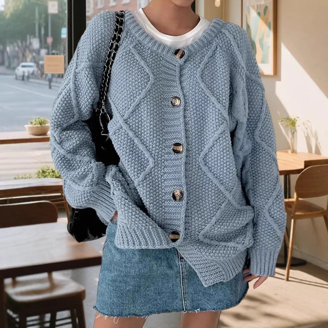 

Women Y2k Cardigan Sweaters Knitted Jumpers Quilted Pattern O Neck Long Sleeve Single Breasted Loose Casual 2025 Autumn Winter