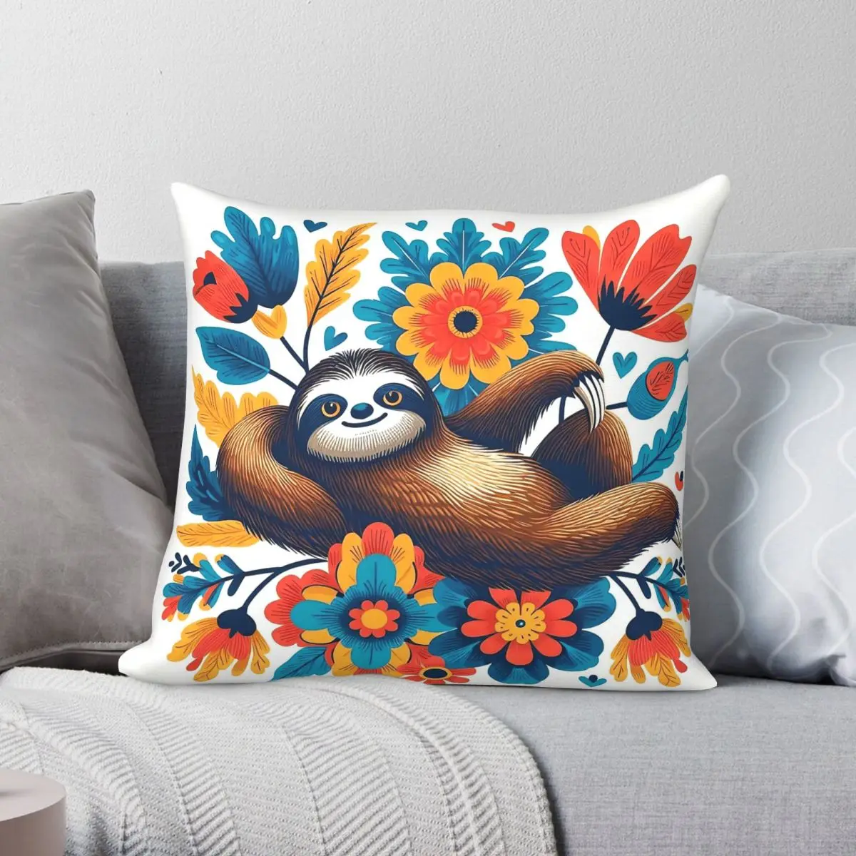 Folk Reclining Sloth Florals Pillowcase Polyester Linen Velvet Creative Zip Decor Throw Pillow Case Home Cushion Cover