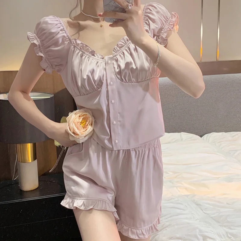 Ruffles Nightwear Princess Style Underwear Pyjamas Suit Sweet Loungewear Home Clothes Women Rayon Sleepwear Casual Nightgown