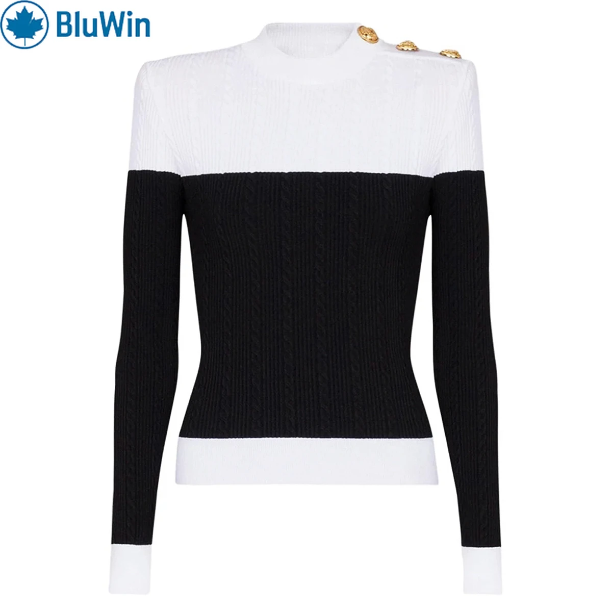 

URBANCHIC Women 2Colors Block Ribbed Knit Top Crew Neck Pullover Gold Shoulder Buttons Fitted Long Sleeve