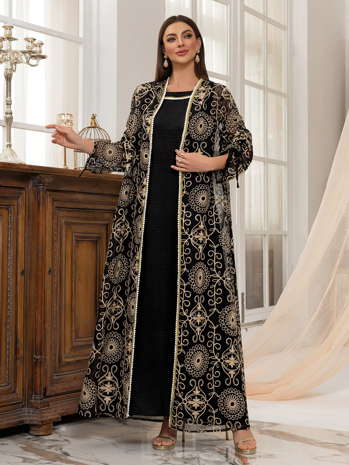 Dubai Women Muslim 2 Piece Abaya Black with Golden Intricate Patterns Bow - tied Sleeves Beaded Trim for UAE Saudi Arabia Qatar